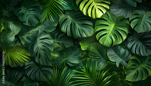 Lush green tropical leaves creating a vibrant and rich texture, perfect for nature-inspired designs and eco-friendly themes.