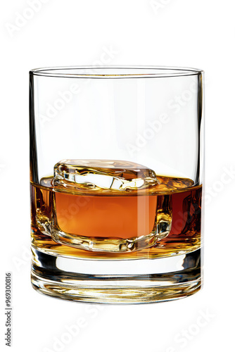 A glass of whiskey with a single large ice cube against a white background, highlighting the clarity and golden hue of the liquid.