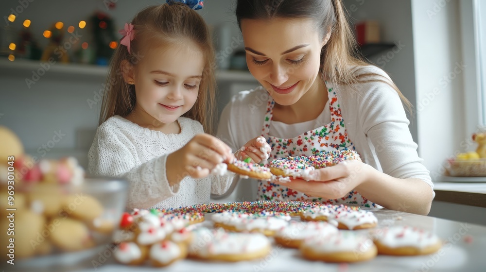 Fototapeta premium Mother and child decorating cookies with sprinkles and icing, festive kitchen scene, copy space for stock photo with minimal concept, No logo, No Trademark, No text