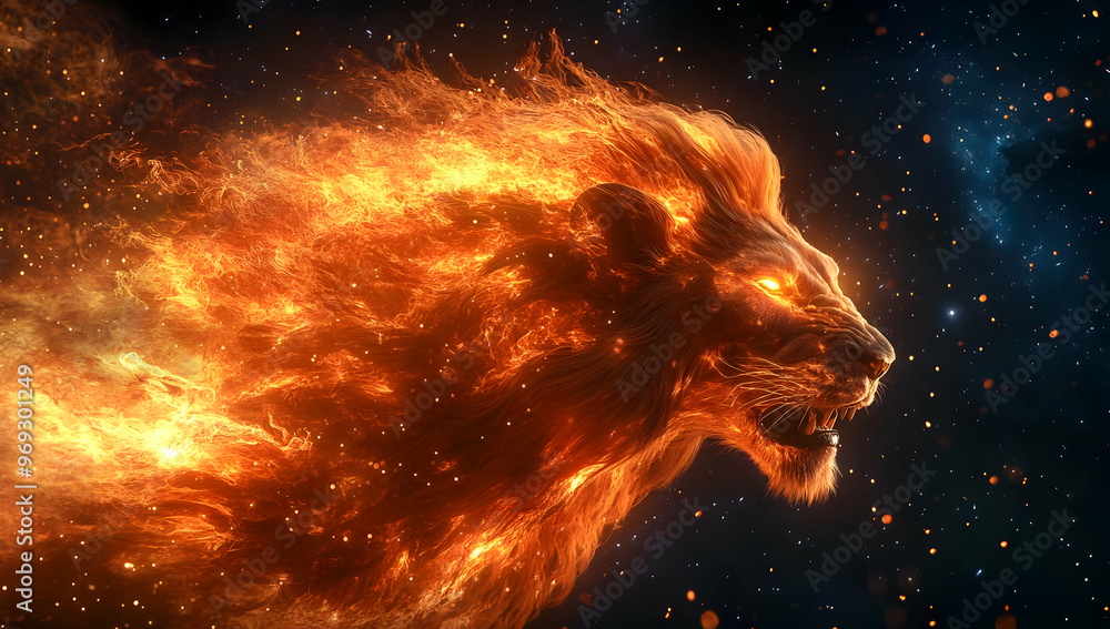 A fiery lion emerges from the cosmos, symbolizing strength and power, with a stunning blend of flames and stars in space. A fiery lion emerges from the cosmos, symbolizing strength and power, with a stunning blend of flames and stars in space.