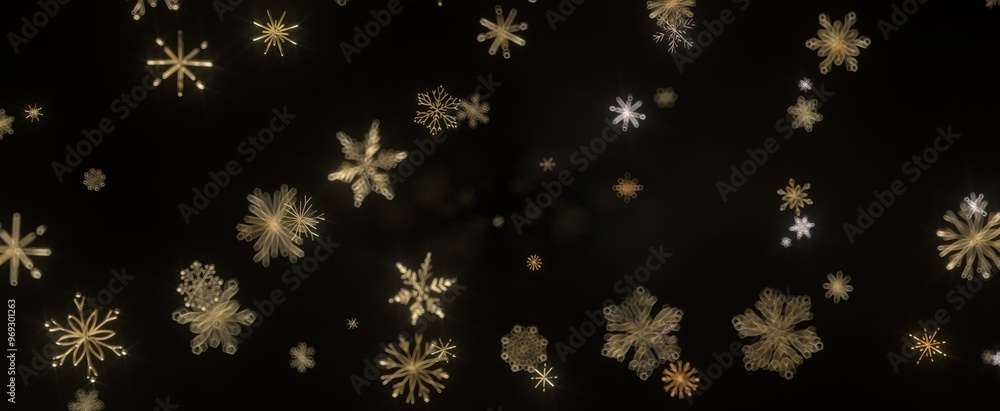 Golden snowflakes falling against a black background Winter wonderland vibes Golden snowflakes falling against a black background Winter wonderland vibes