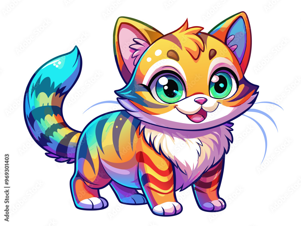 a colorful, cartoon-style illustration of a cute cat. The cat has large, expressive green eyes and a happy expression with a small pink nose and a smiling mouth a colorful, cartoon-style illustration of a cute cat. The cat has large, expressive green eyes and a happy expression with a small pink nose and a smiling mouth