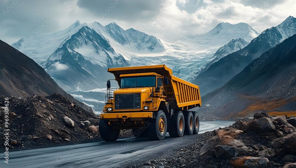 A powerful yellow dump truck traversing rugged terrain with majestic mountains in the background, showcasing heavy machinery in nature. A powerful yellow dump truck traversing rugged terrain with majestic mountains in the background, showcasing heavy machinery in nature.