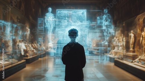 Virtual AI-guided museum tours providing in-depth knowledge: A visitor experiencing a museum with an AI hologram as a tour guide.