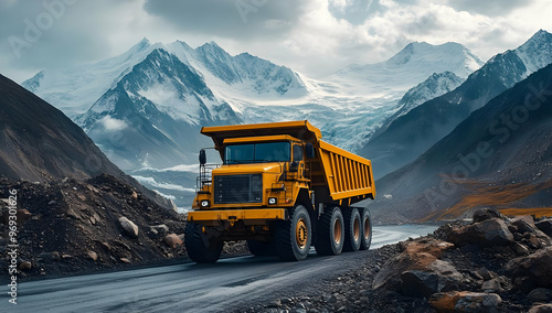 A powerful yellow dump truck traversing rugged terrain with majestic mountains in the background, showcasing heavy machinery in nature.