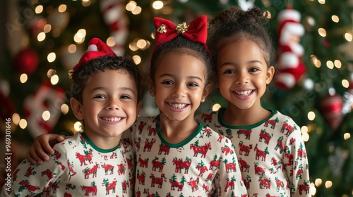 Siblings in matching Christmas pajamas posing for a picture with the tree in the background, festive fun and family bonding, copy space for stock photo with minimal concept, No logo, No Trademark, No