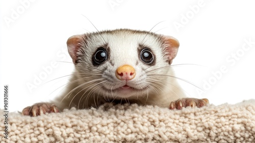 A playful ferret investigates its surroundings with wide eyes, full of curiosity photo