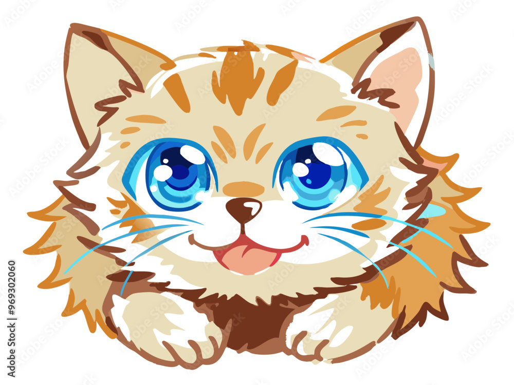 Fototapeta premium a cute cartoon illustration of a fluffy kitten. The kitten has large, bright blue eyes and a small pink tongue sticking out, giving it an adorable and playful expression