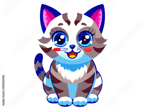 a cartoon illustration of a cute cat. The cat has large, shiny blue eyes and a small, smiling mouth. Its fur is a mix of light blue and gray with darker stripes