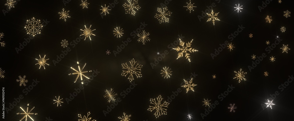 Golden snowflakes falling on a black background A winter wonderland Golden snowflakes falling on a black background A winter wonderland