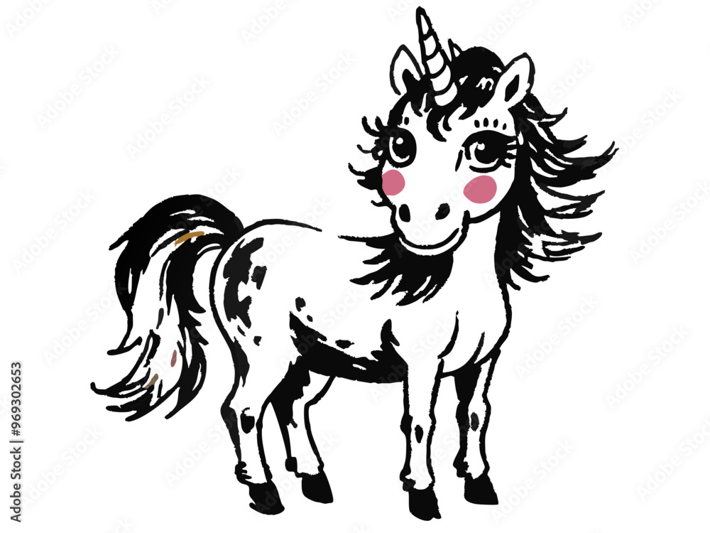 a cartoon illustration of a unicorn. The unicorn is white with black mane and tail, and it has a single spiraled horn on its forehead. Its mane and tail are flowing and have a slightly wild appearance a cartoon illustration of a unicorn. The unicorn is white with black mane and tail, and it has a single spiraled horn on its forehead. Its mane and tail are flowing and have a slightly wild appearance