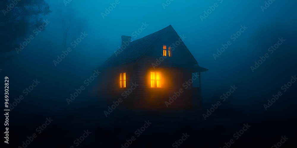 A hauntingly beautiful house illuminated in the fog, creating a mysterious and atmospheric scene perfect for storytelling. A hauntingly beautiful house illuminated in the fog, creating a mysterious and atmospheric scene perfect for storytelling.