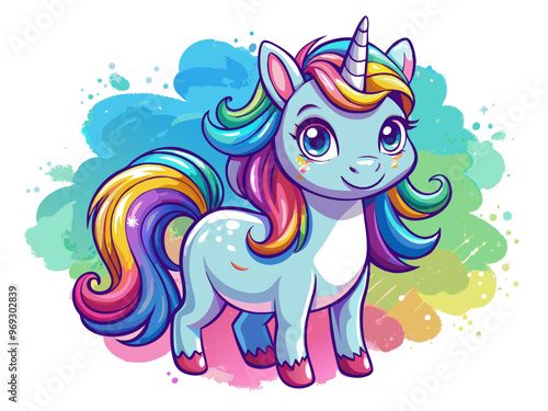 a colorful illustration of a cute, cartoon-style unicorn. The unicorn has a light blue body with a white belly and face. Its mane and tail are vibrant, featuring a rainbow of colors including red