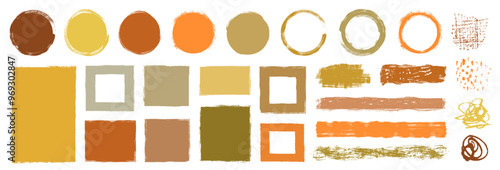 Vector set with frames and borders, rectangular grunge boxes, oval rough distressed shapes, hand drawn painted brush lines and textures in neutral autumn earthy colors