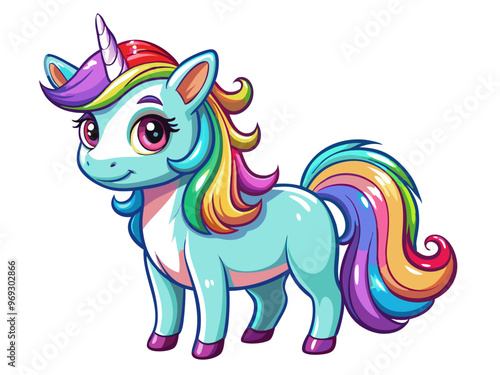 a cartoon illustration of a cute unicorn. The unicorn has a light blue body with a white belly and face. It has large, expressive pink eyes and a small smile. Its mane and tail are colorful
