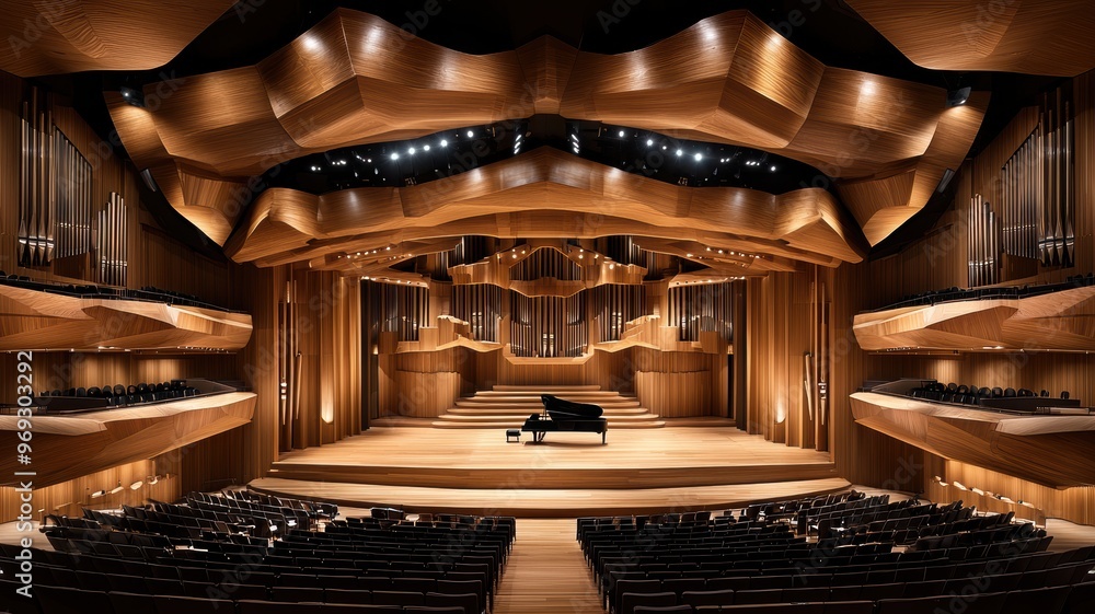 Obraz premium A stunning interior of a concert hall featuring elegant wooden architecture and a grand piano on stage, perfect for music events.