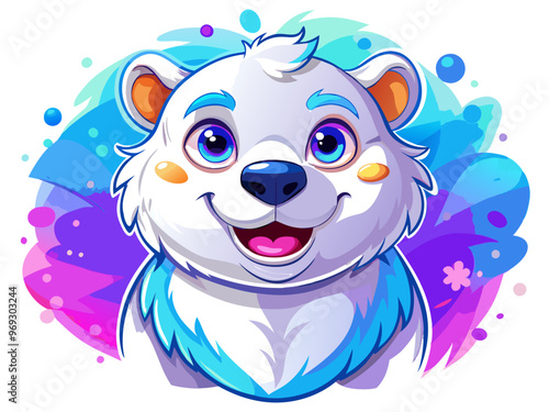 a colorful, cartoon-style illustration of a cute polar bear. The bear has large, expressive eyes with a hint of purple and blue, a big smile, and rosy cheeks. Its fur is primarily white with light blu