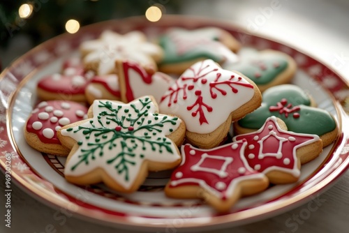 Close-up of Christmas cookies being placed on a festive plate, colorful and fun holiday treats, copy space for stock photo with minimal concept, No logo, No Trademark, No text