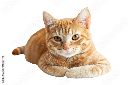 A cute ginger cat lying down, looking relaxed and curious. The feline has striking green eyes and a soft, striped coat.