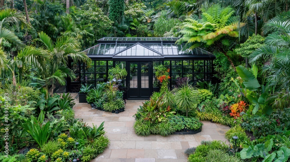 A tranquil greenhouse surrounded by lush greenery and vibrant plants, showcasing nature's beauty in a serene environment. A tranquil greenhouse surrounded by lush greenery and vibrant plants, showcasing nature's beauty in a serene environment.