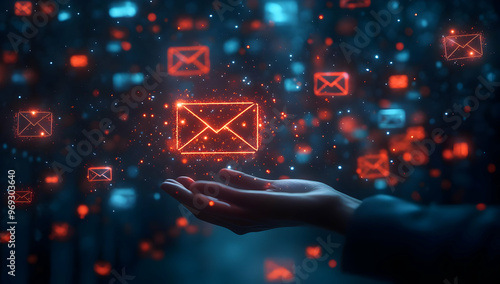 A vibrant digital composition of floating email icons with a hand reaching out, symbolizing communication and technology. photo