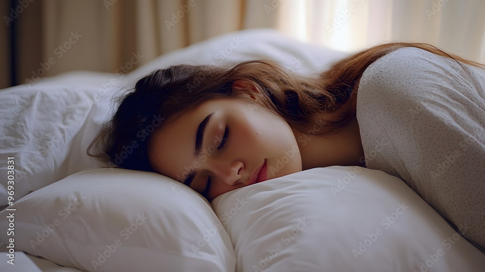 In the embrace of deep sleep, a content woman symbolizes the harmony of tranquil rest, an embodiment of peaceful serenity and vibrant well-being. In the embrace of deep sleep, a content woman symbolizes the harmony of tranquil rest, an embodiment of peaceful serenity and vibrant well-being.