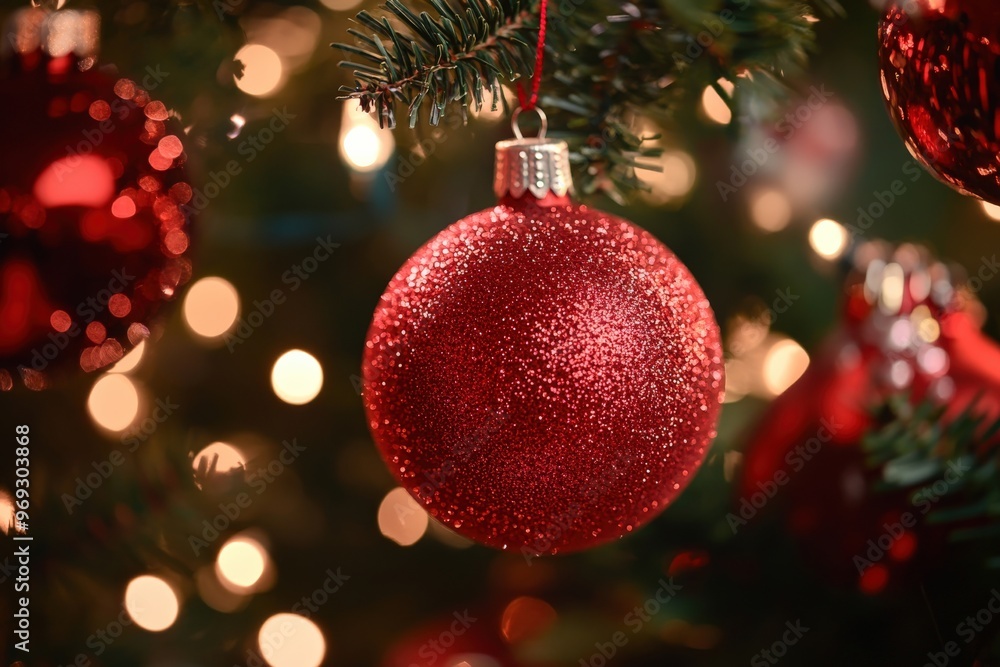 Close-up of Christmas ornaments being hung on a tree, twinkling lights in the background, holiday magic, copy space for stock photo with minimal concept, No logo, No Trademark, No text Close-up of Christmas ornaments being hung on a tree, twinkling lights in the background, holiday magic, copy space for stock photo with minimal concept, No logo, No Trademark, No text