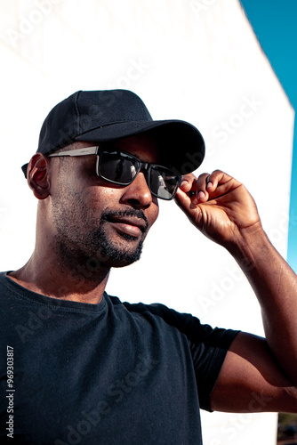 Afro black guy on the city center wearing black clothes cap an sun glasses modeling touching sunglasses with a white background. photo