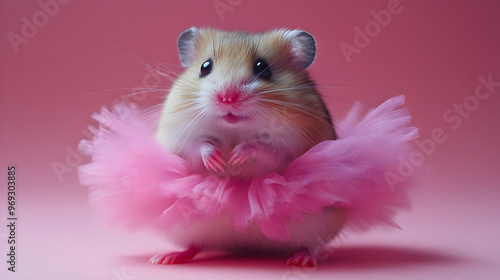 A cute hamster wearing a pink tutu poses adorably against a soft pink background, bringing joy and whimsy to any setting. photo