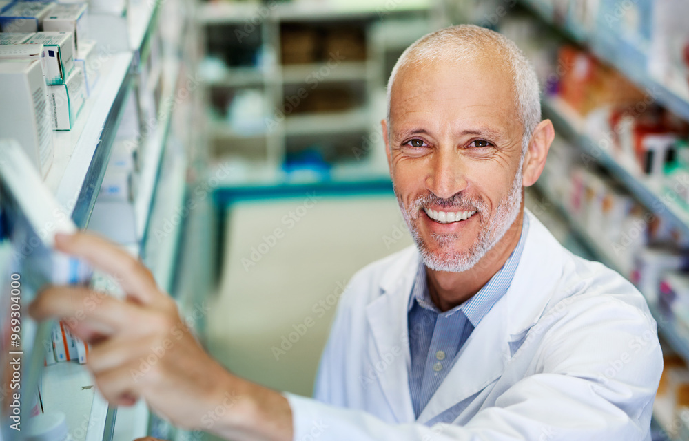 Obraz premium Mature man, pharmacy portrait and stock shelf at store, manager and confident chemist. Consultant, dispensary and proud of medication treatment at apothecary, service and check inventory in England
