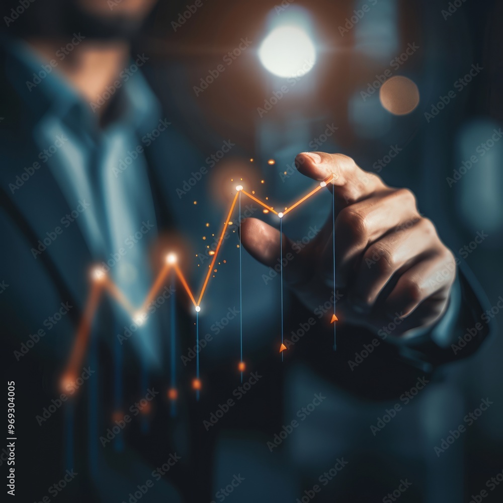 © zz - Businessman Interacting With Upward Trending Financial Graph in Office Setting © zz - Businessman Interacting With Upward Trending Financial Graph in Office Setting