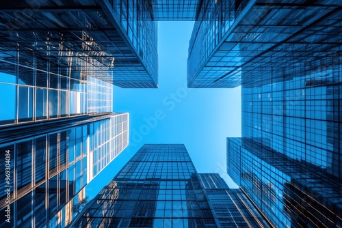 Looking Up modern high-rise office buildings with blue sky in the background with generative ai