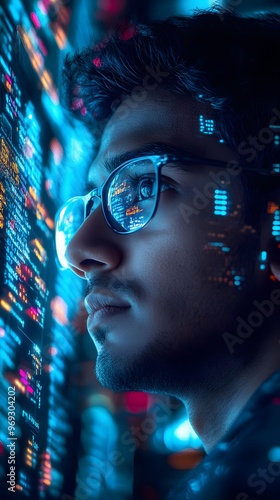 A close-up of an Indian man wearing glasses, surrounded by digital code and holographic data visualizations, representing the integration with artificial intelligence technology