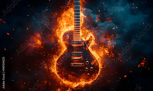 A fiery electric guitar surrounded by vibrant flames, capturing the energy of rock music and passion for performance. photo