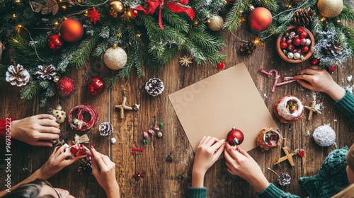 Family gathered around a table with Christmas crafts, making ornaments together, creative holiday fun, copy space for stock photo with minimal concept, No logo, No Trademark, No text