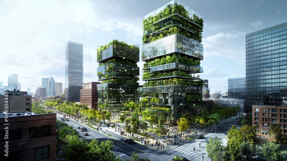 Futuristic buildings with green architecture and urban landscape, showcasing sustainability and modern design.