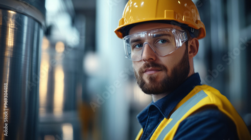 Engineer in safety gear with hard hat and protective glasses in an industrial setting