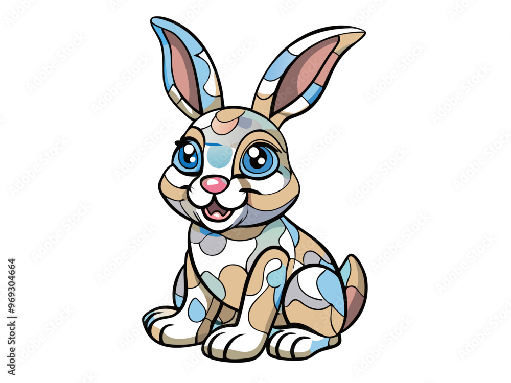 Obraz premium a cartoon illustration of a rabbit. The rabbit has large, expressive blue eyes and a cheerful expression with a wide smile. Its ears are long and upright