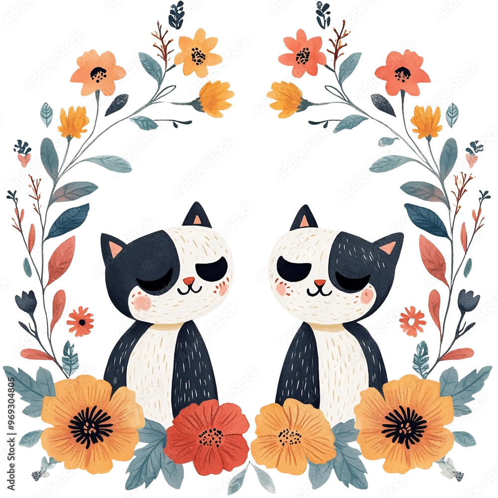 Couple cat, beige flowers, yellow flowers, day of the dead, halloween, couple cat party set Couple cat, beige flowers, yellow flowers, day of the dead, halloween, couple cat party set