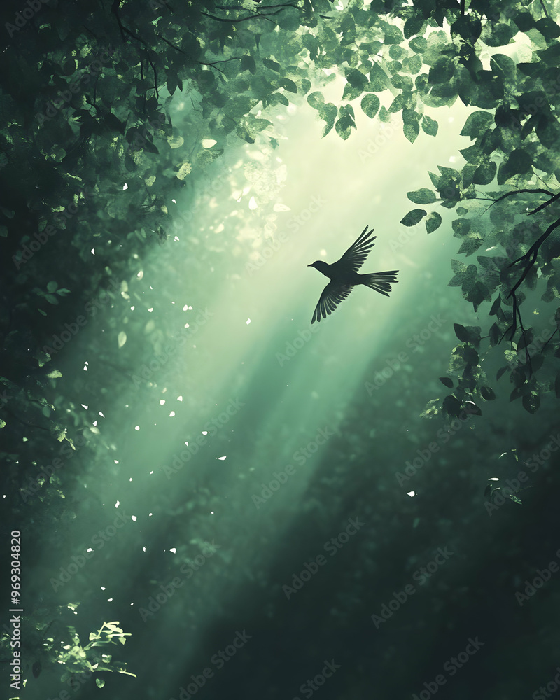 Obraz premium A serene forest scene capturing a bird flying gracefully through sunlit beams and lush green leaves, embodying nature's beauty.