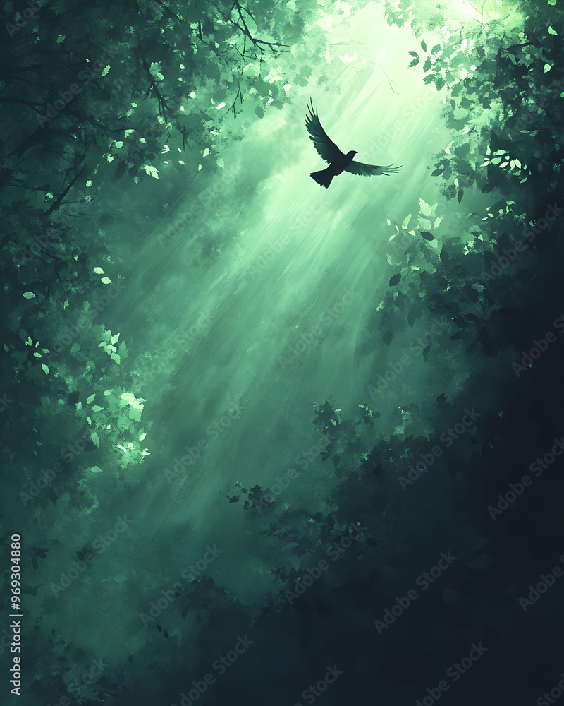 Fototapeta premium A serene forest scene with a bird soaring through beams of light, creating a tranquil and magical atmosphere.