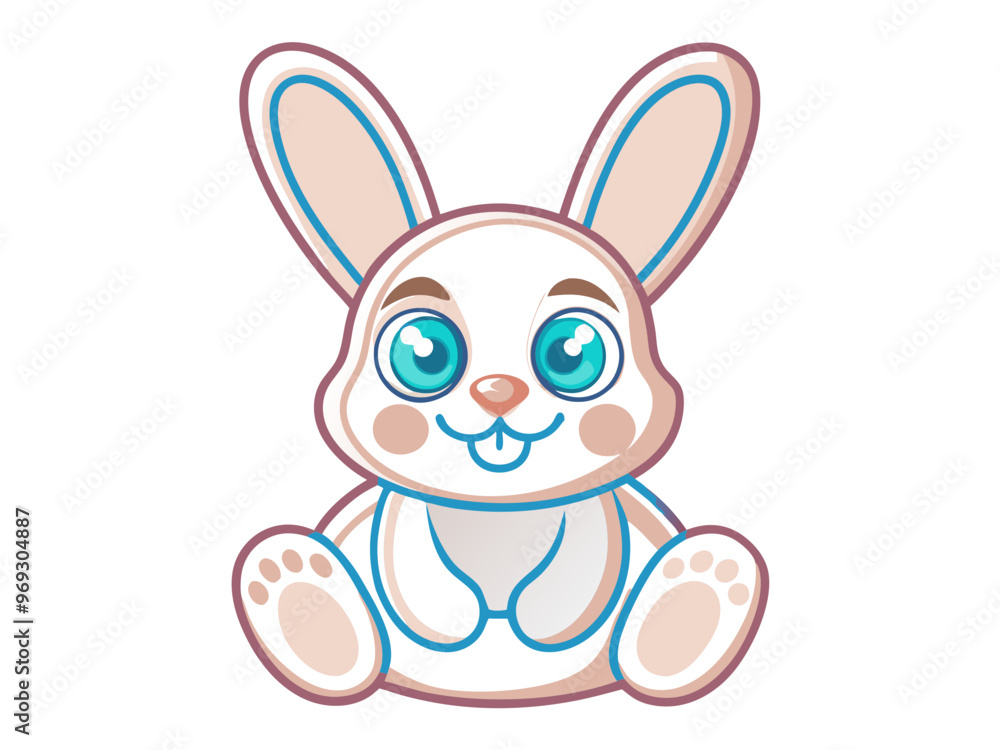 a cute cartoon illustration of a bunny. The bunny is sitting down with its legs spread out in front. It has large, expressive blue eyes and a small, smiling mouth with two visible front teeth a cute cartoon illustration of a bunny. The bunny is sitting down with its legs spread out in front. It has large, expressive blue eyes and a small, smiling mouth with two visible front teeth