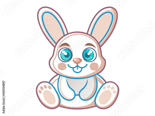 a cute cartoon illustration of a bunny. The bunny is sitting down with its legs spread out in front. It has large, expressive blue eyes and a small, smiling mouth with two visible front teeth