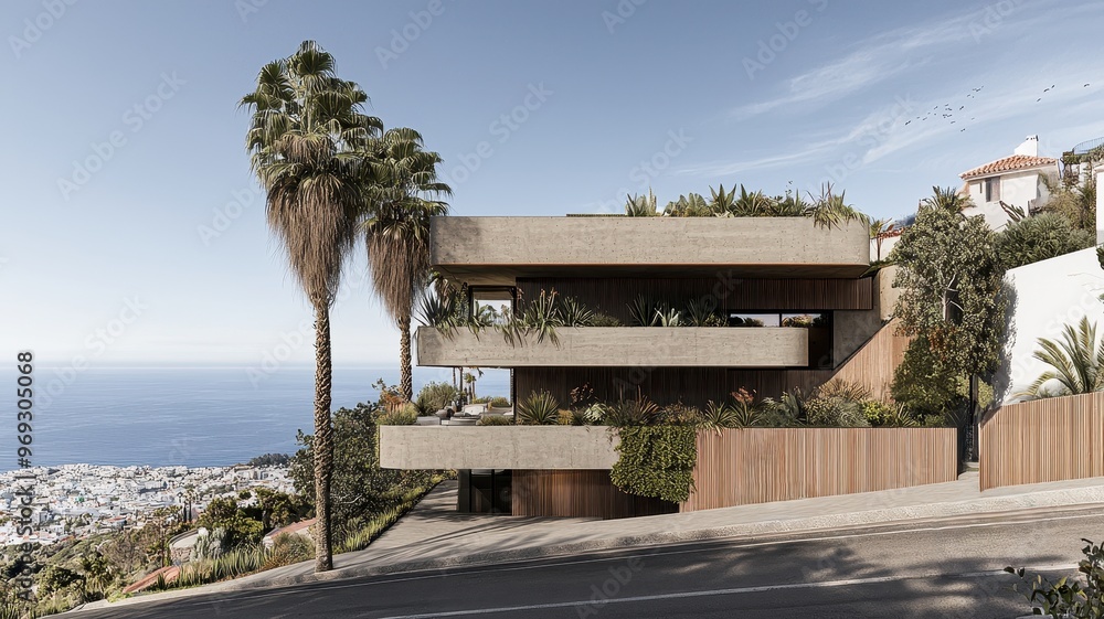 Modern architectural design of a hillside house with ocean view and lush greenery, offering a unique coastal lifestyle. Modern architectural design of a hillside house with ocean view and lush greenery, offering a unique coastal lifestyle.