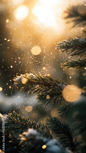 Snowflakes Delicately Landing on Pine Needles photo