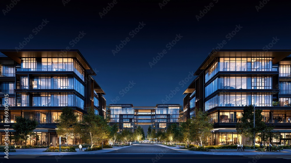 Modern architecture featuring elegant buildings illuminated at night, showcasing urban living and serene surroundings. Modern architecture featuring elegant buildings illuminated at night, showcasing urban living and serene surroundings.