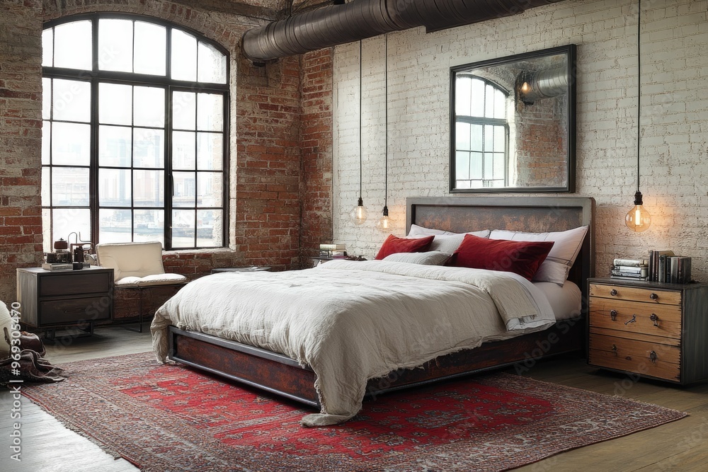 Cozy industrial-style bedroom with a bed, rug, and large windows. Cozy industrial-style bedroom with a bed, rug, and large windows.
