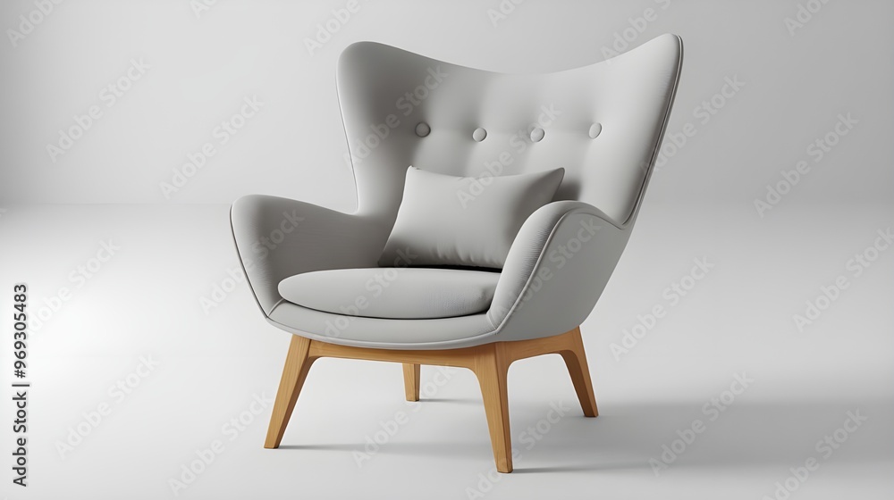 Modern Grey Armchair with Wooden Legs and Pillow Modern Grey Armchair with Wooden Legs and Pillow