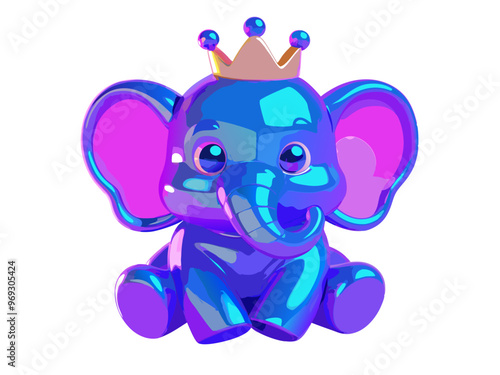 a cute, cartoon-style illustration of a small elephant. The elephant is sitting down and has a shiny, metallic appearance with a mix of blue and purple colors