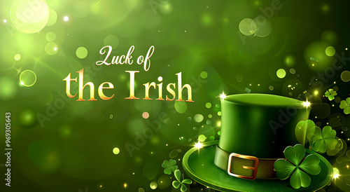 St. Patrick's Day background with gold text Luck of the Irish and green hat, shamrock, and bokeh light background. Vector illustration for st patrick's day banner template.